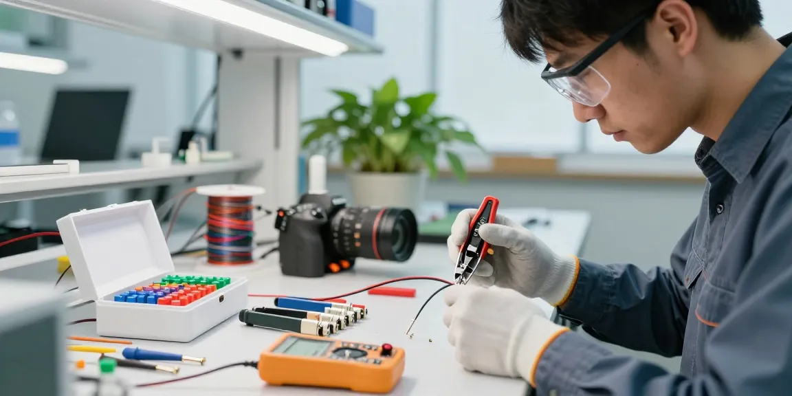 Engineer using crimp connectors in a modern electronics lab with tools and components.