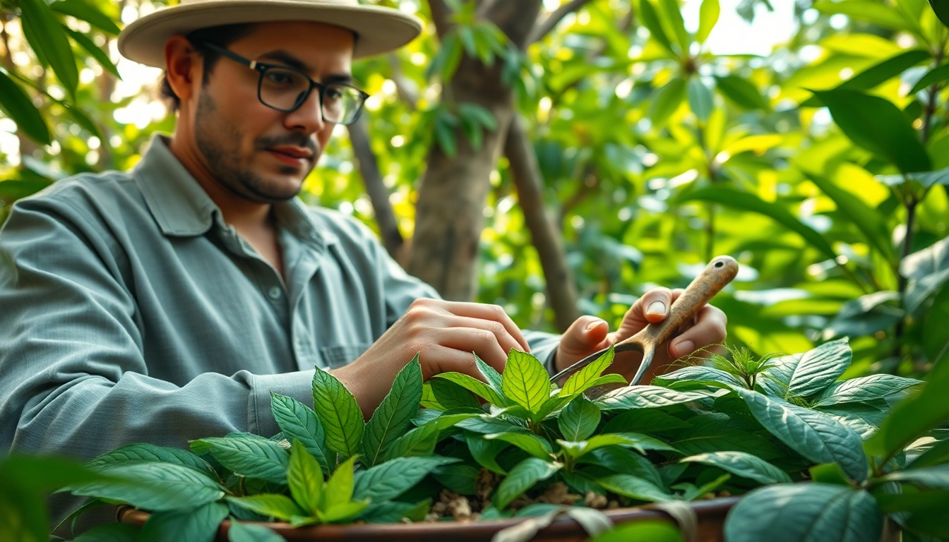 Kratom leaves displayed by an herbalist in a serene natural setting.
