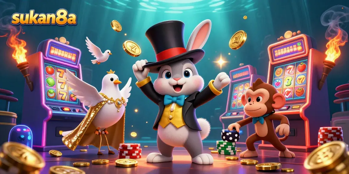 Sukan8a engaging illustration with a magician rabbit, dove, and monkey gaming at a vibrant casino atmosphere.