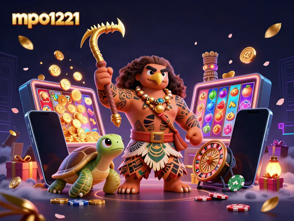 Spin the reels with mpo1221's vibrant slot illustration featuring a demigod and turtle.