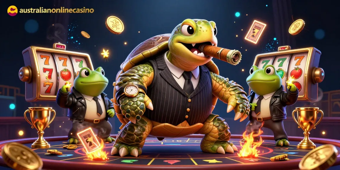 A vibrant online casino scene featuring a massive turtle in mobster attire with two bullfrog enforcers alongside, showcasing australianonlinecasino gaming excitement.