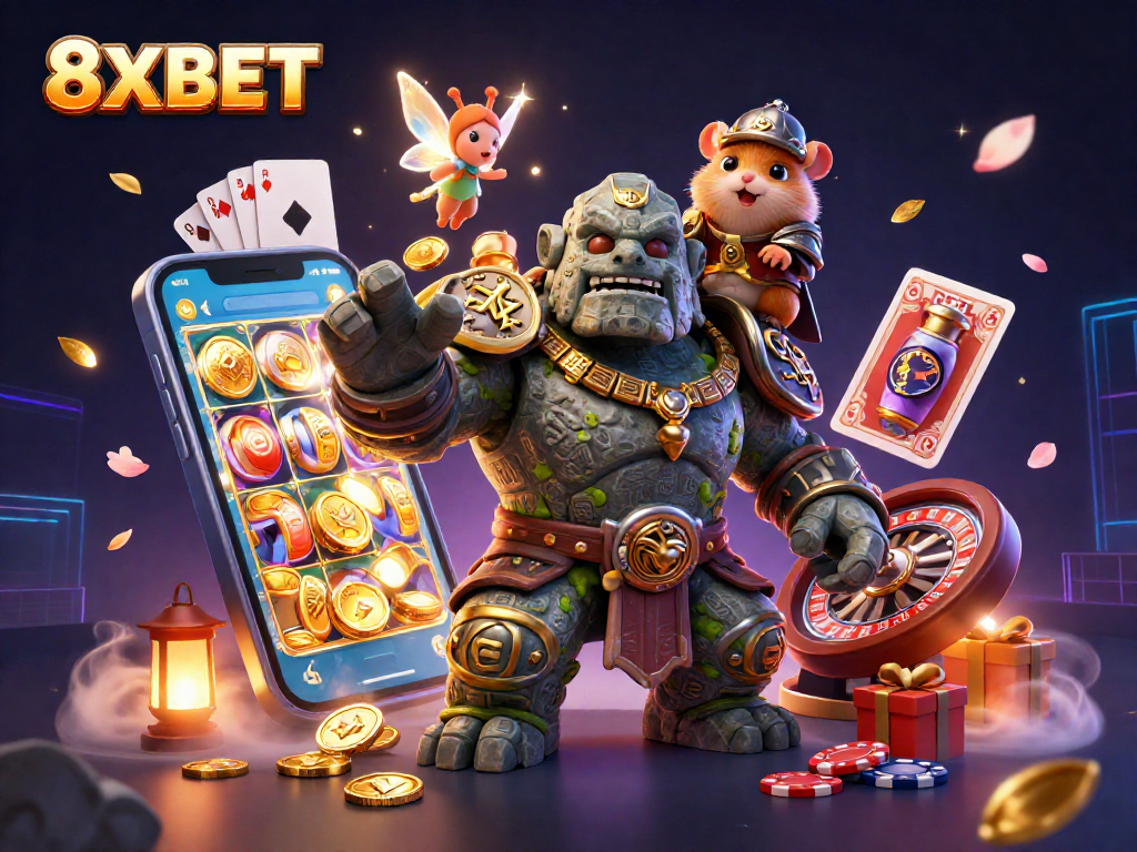 Engage with 8XBET's vibrant gaming world featuring an animated golem, fairy, and hamster knight amidst casino graphics.