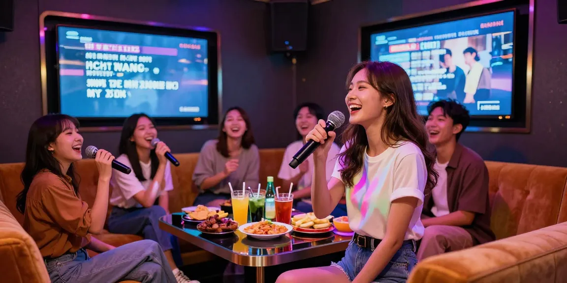 강남가라오케에서 친구들과 즐겁게 노래하는 모습과 화려한 조명이 있는 실내 장면
