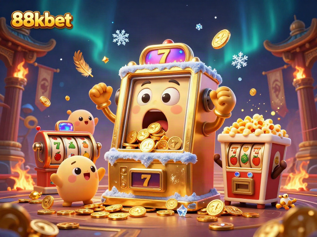 Experience the excitement of 88kbet with a golden slot machine hitting a jackpot amidst swirling coins and cheering characters.