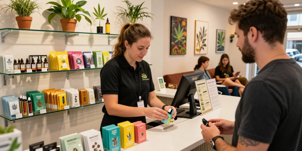Buy Delta 8 THC Cannabis in Europe at a friendly dispensary, showcasing diverse products and customer interactions.