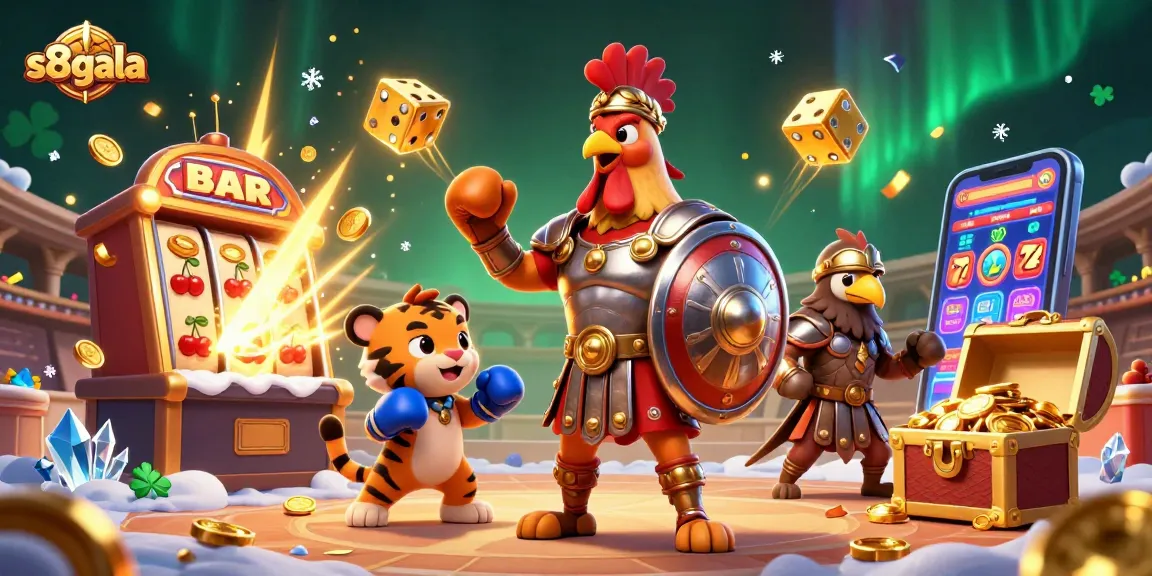 S8gala unleashes a vibrant casino adventure with a gladiator rooster, slot machine jackpots, and thrilling game elements.