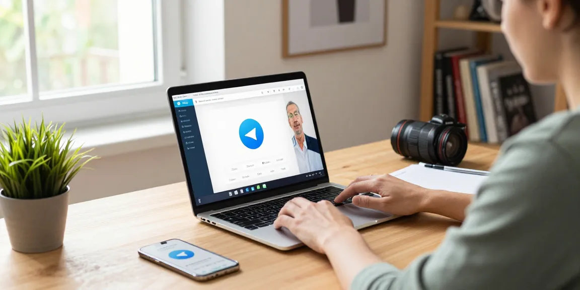 User engaging with the Telegram Web Version on a stylish laptop in a cozy home office environment.