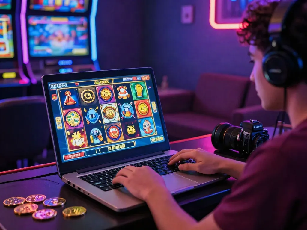 Player enjoying an exciting slot game experience on a laptop, surrounded by a vibrant casino atmosphere.