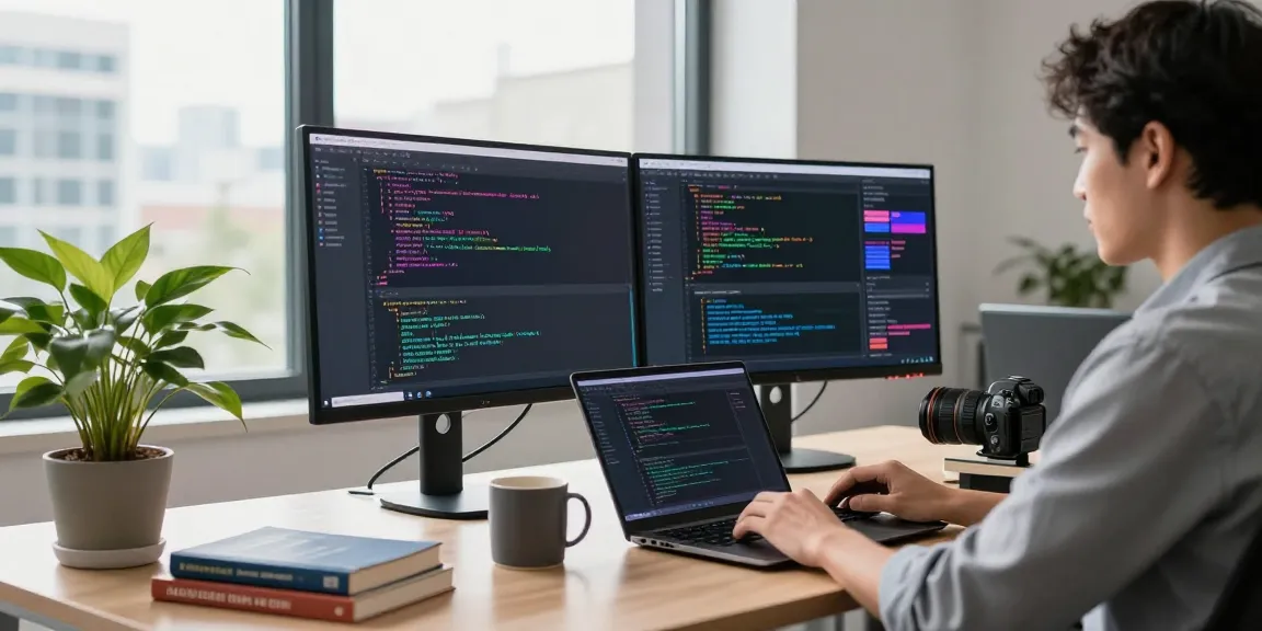 Developer coding in a modern office, highlighting the benefits of 纸飞机中文版 in a vibrant, productive workspace.