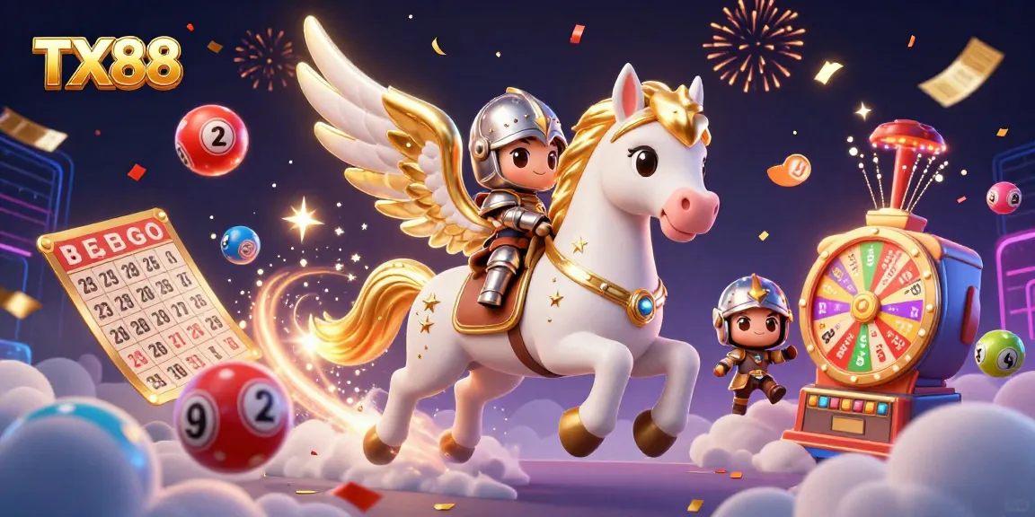 Experience the excitement of TX88 with colorful lottery elements and a magical scene depicting thrilling casino adventures.