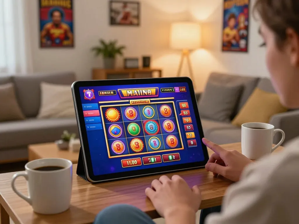 Player enjoying the 7hh online slot machines on a tablet in a cozy home, showcasing engaging gaming experience.
