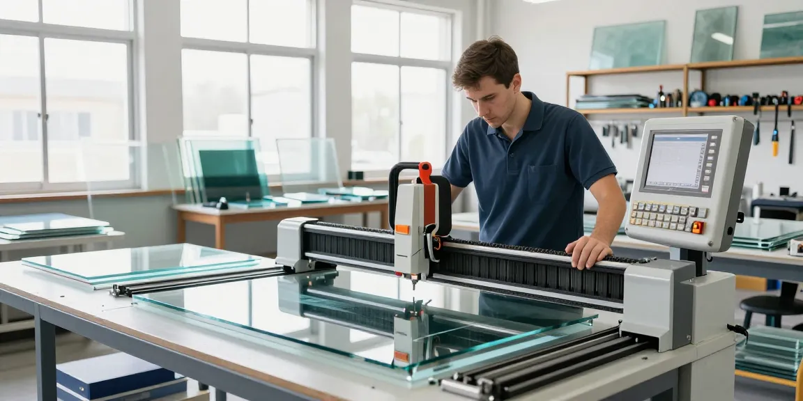 Technician operating a cutting machine glass in a modern workshop with bright natural light.