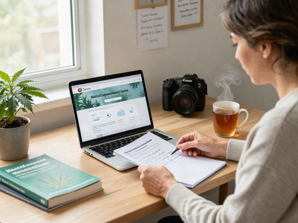 Individual reviewing Medical Marijuana Card Online application in a cozy home office with inspiring decor.