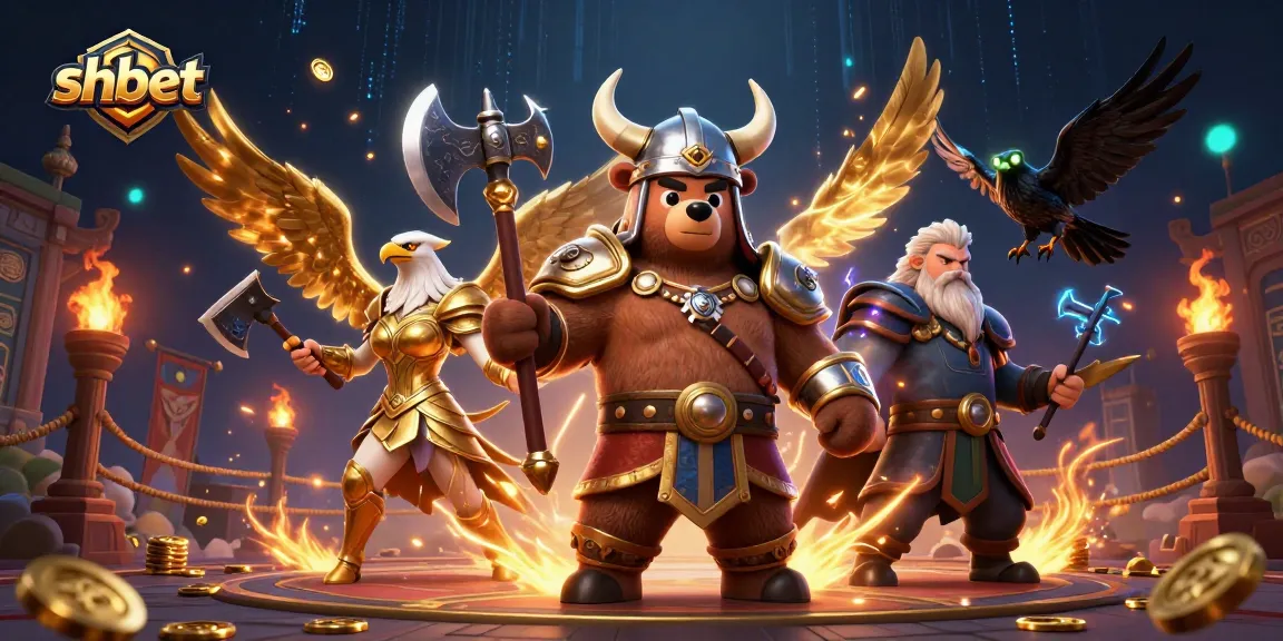 Experience thrilling action at shbet with a 3D Viking bear and Valkyrie eagle in a dynamic casino scene.