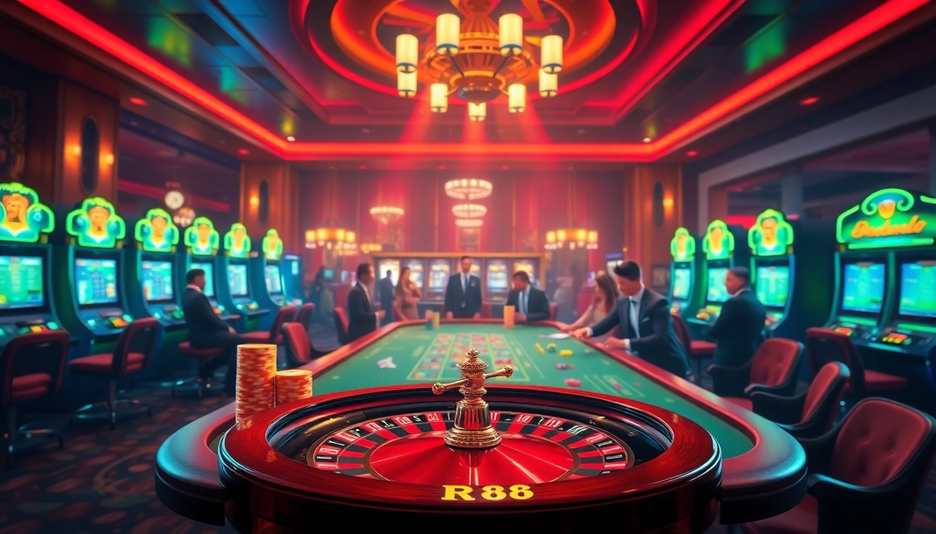 Experience the excitement of RR88 with vibrant casino tables and thrilling slot machines in action.