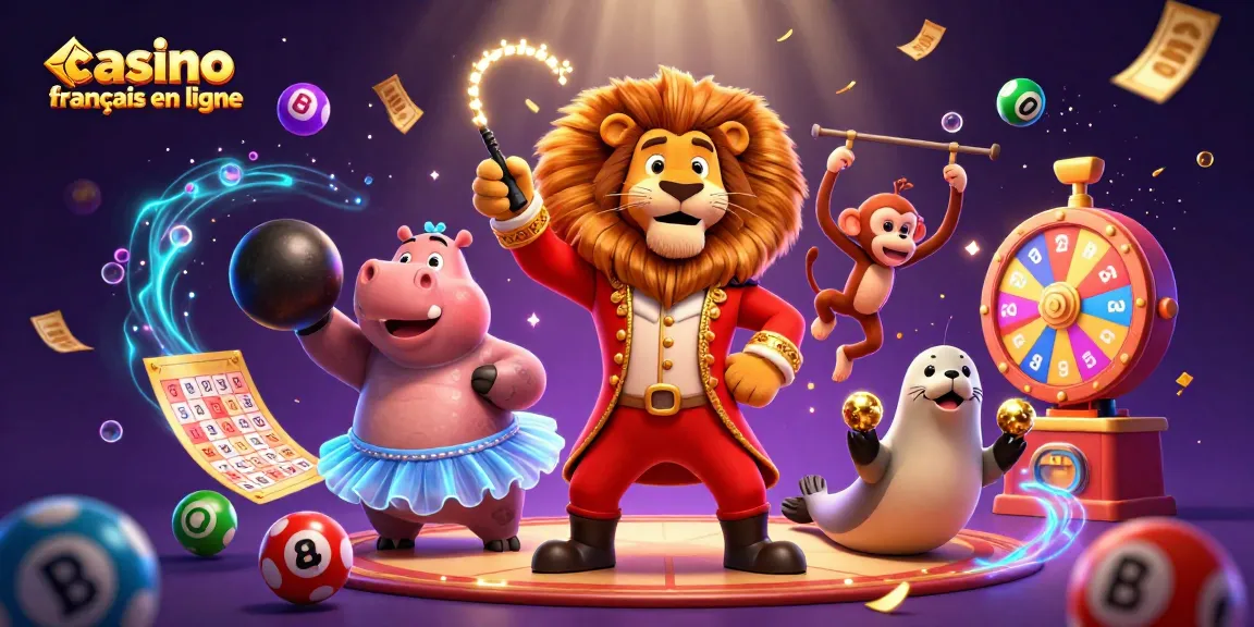 Jouez au casino français en ligne avec cette scène dynamique de personnages de cirque animés illustrant les jeux de loterie.