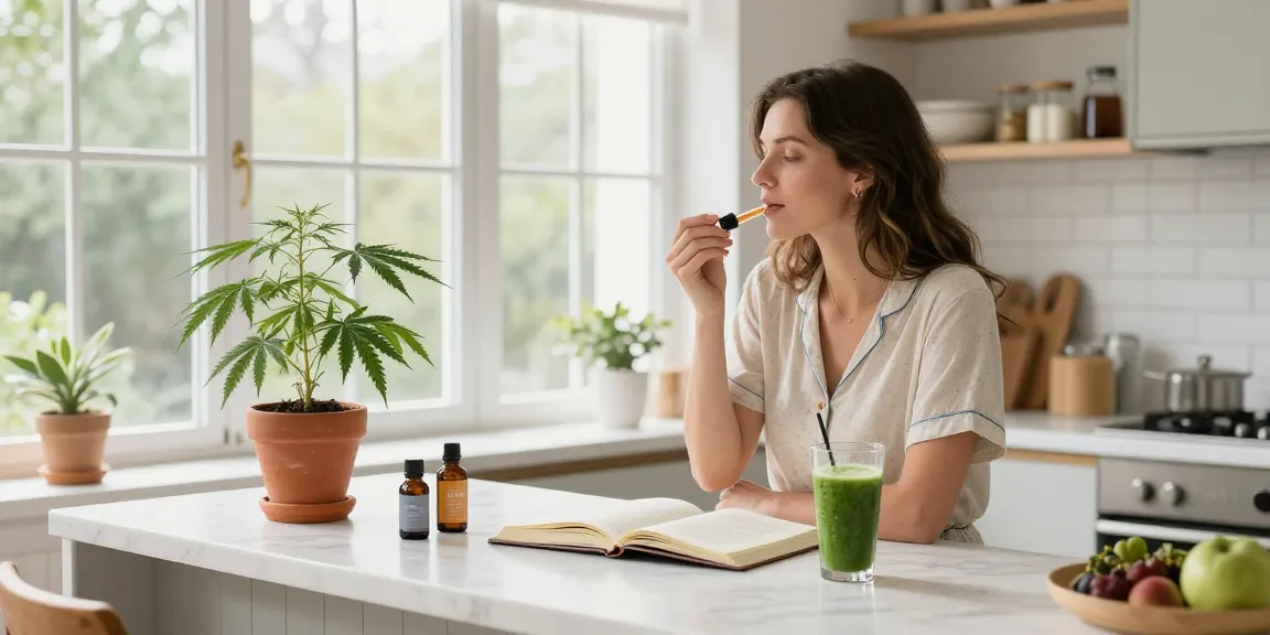 Living Soil für Cannabis: Hochwertiges CBD-Öl in einer hellen Küche mit Pflanzen und Wellness-Produkten
