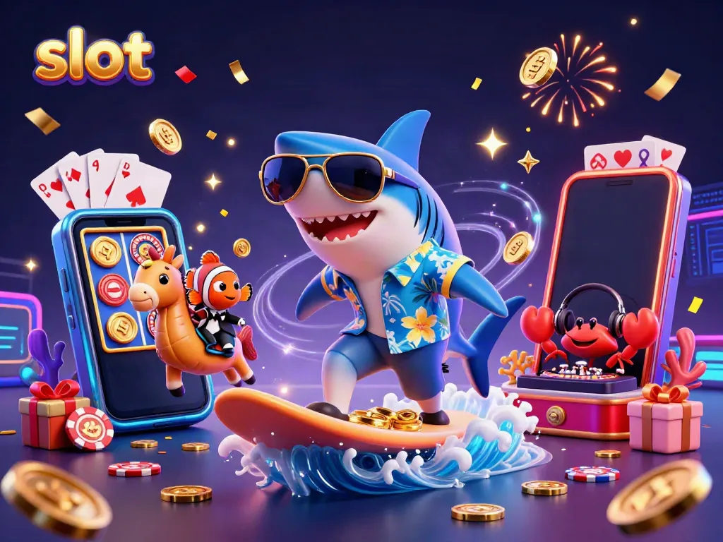 Permainan slot interaktif ditampilkan dengan ikan hiu, ikan badut, dan kepiting DJ dalam suasana meriah.