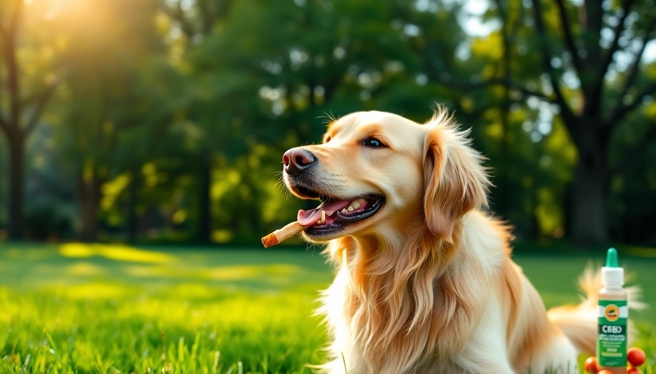 Engaging golden retriever enjoying CBD For Pet treat in a sunny park setting.