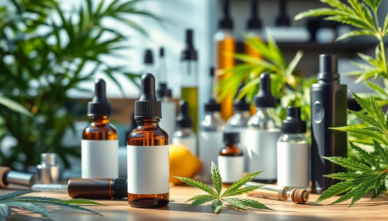 High-quality CBD oil bottle with natural wellness elements including hemp leaves and vape devices.