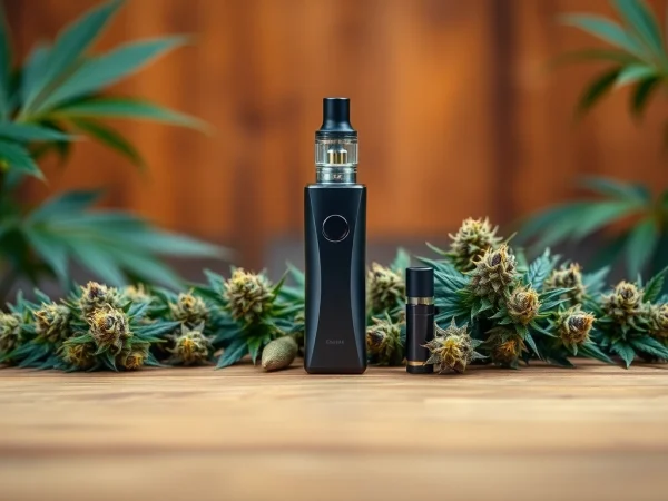 Cannabis Vape setup featuring a stylish vaporizer with colorful flower buds for an inviting atmosphere.