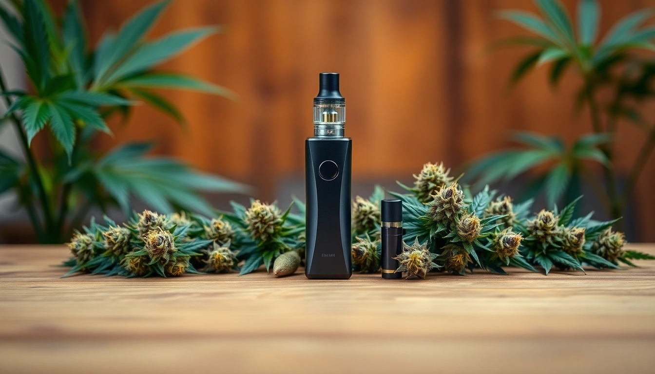 Cannabis Vape setup featuring a stylish vaporizer with colorful flower buds for an inviting atmosphere.