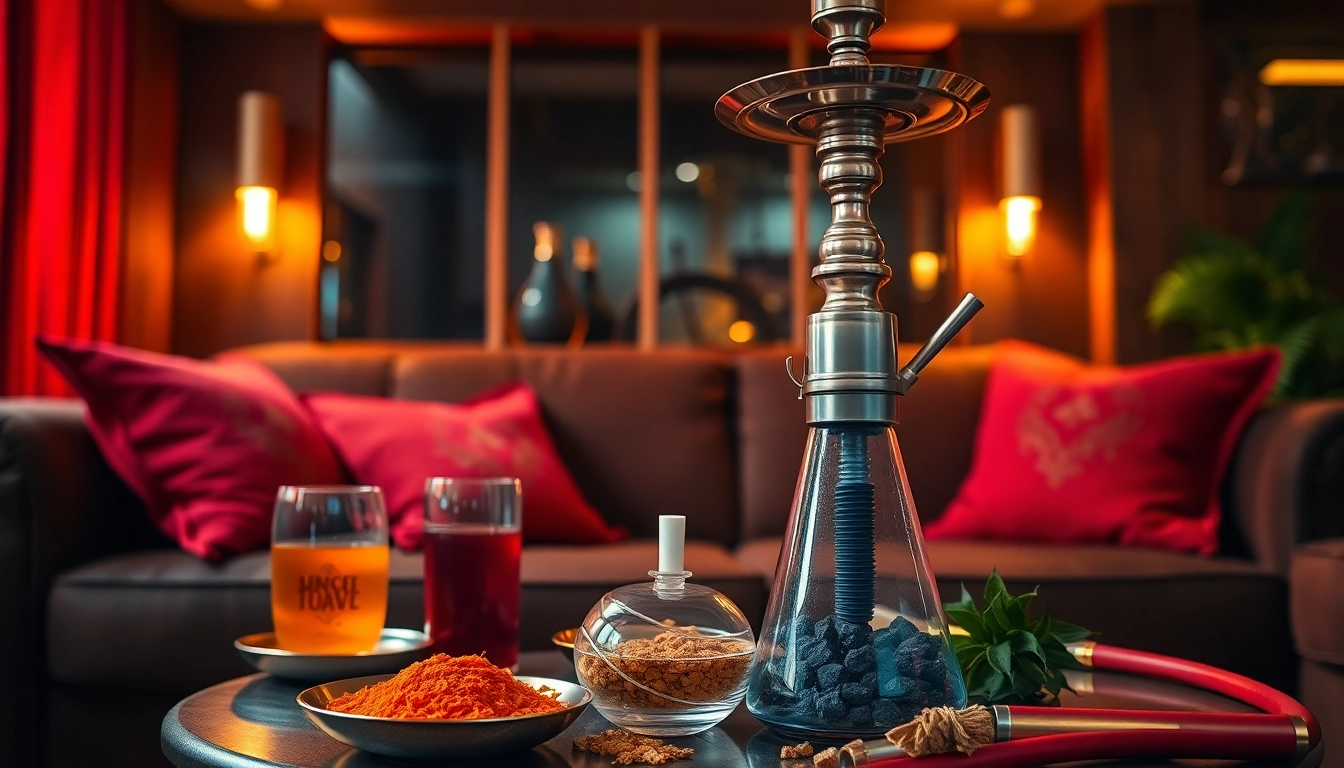 Showcase the exceptional Hookahmarket setup with vibrant flavored tobaccos and an elegant hookah pipe in a cozy lounge.