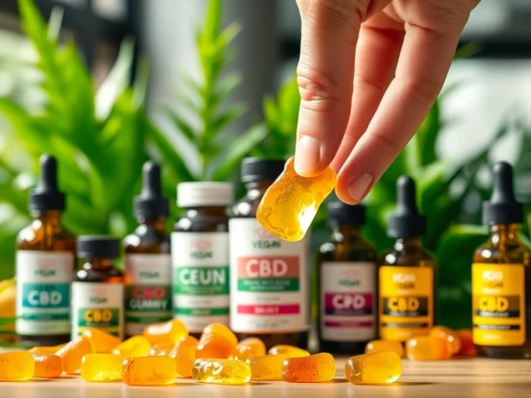 Showcasing Vegan CBD products including colorful gummies in a serene setting for relaxation.