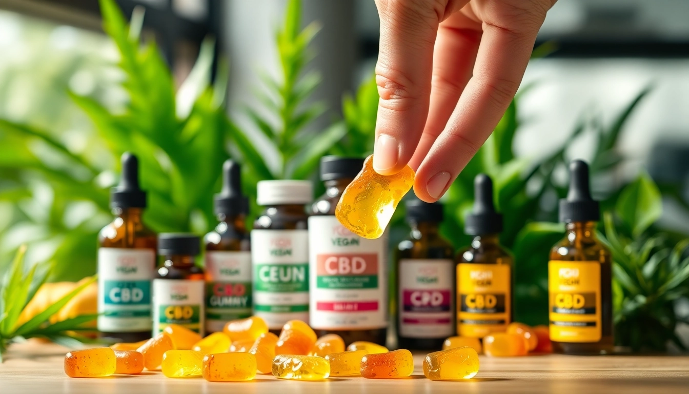 Showcasing Vegan CBD products including colorful gummies in a serene setting for relaxation.