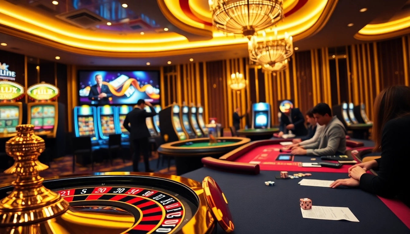 Engaged gamblers enjoying kkwin casino games with roulette, slot machines, and poker tables.