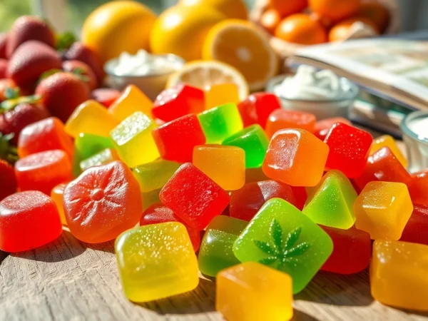 Indulge in Weed Gummies shining with vibrant colors and fresh fruit toppings.