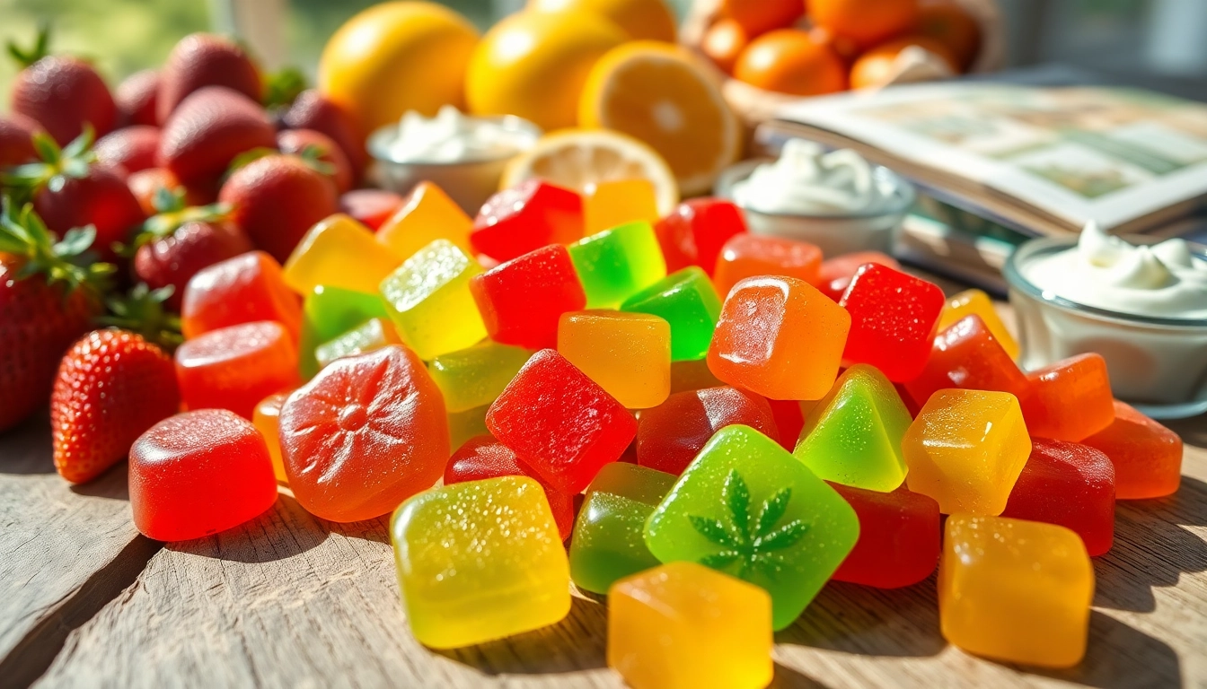 Indulge in Weed Gummies shining with vibrant colors and fresh fruit toppings.