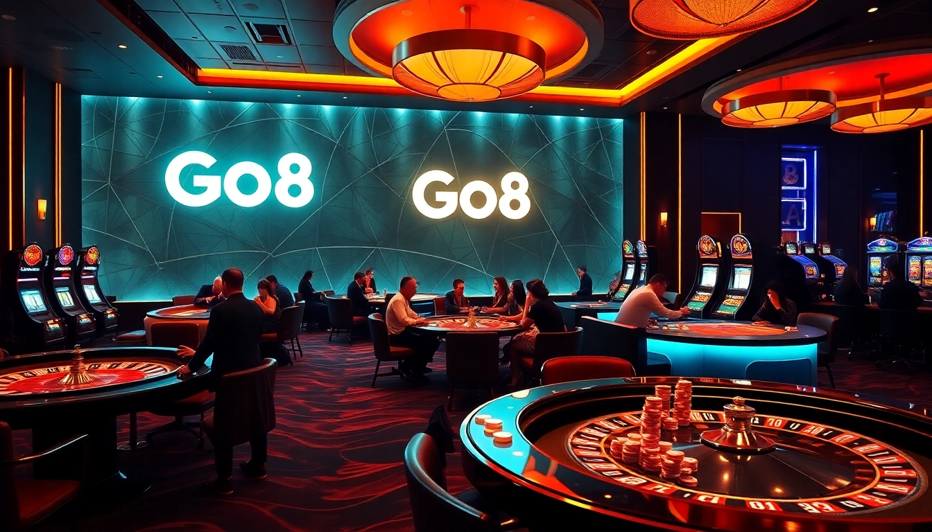 Winning at Go8 casino with players enjoying vibrant slot machines and table games.