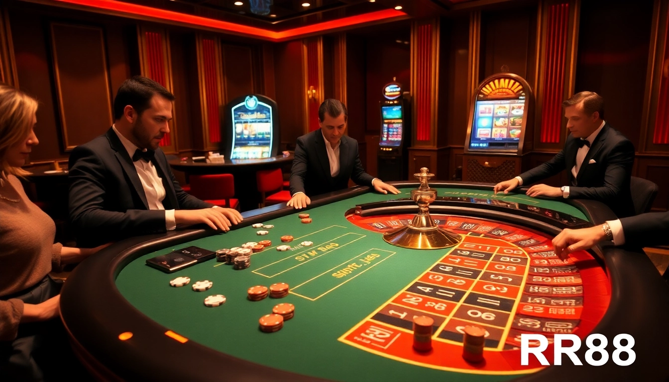 Players at a luxurious RR88 casino table, engaged in an exciting game of roulette amidst vibrant colors and glowing atmosphere.
