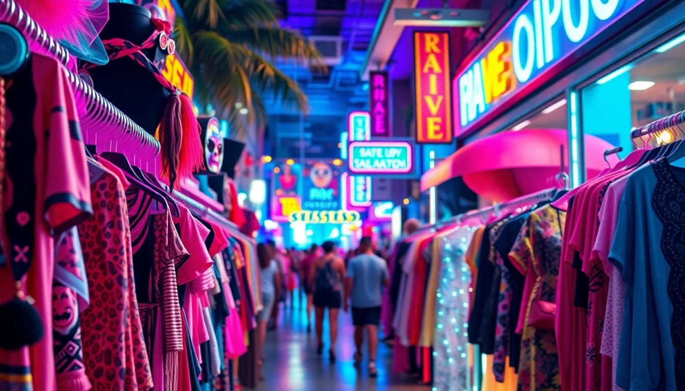 Shop at a vibrant rave store Miami showcasing colorful rave outfits and accessories.