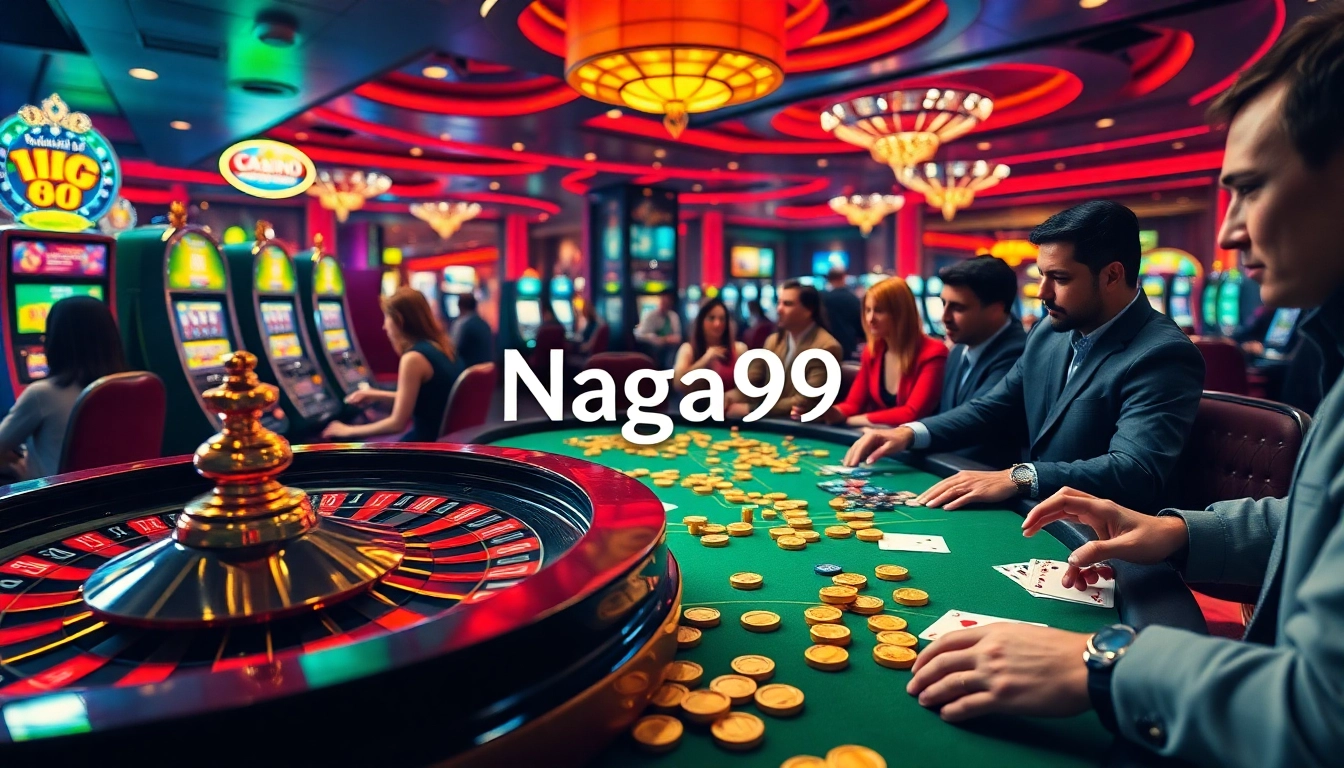 Naga99 players enjoying lively slot machines and poker tables in a vibrant casino setting.