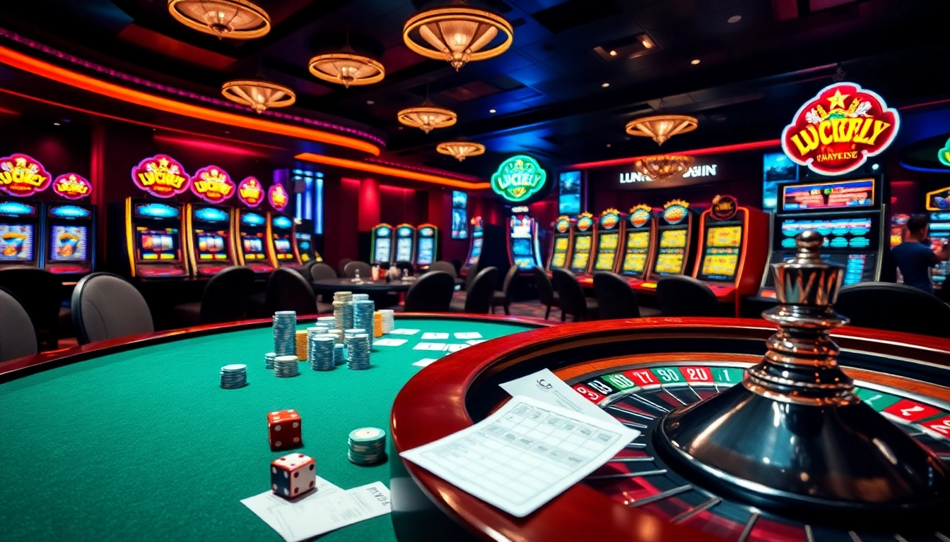 Exciting casino scene at Luckywin with poker table, roulette wheel, and vibrant slot machines.