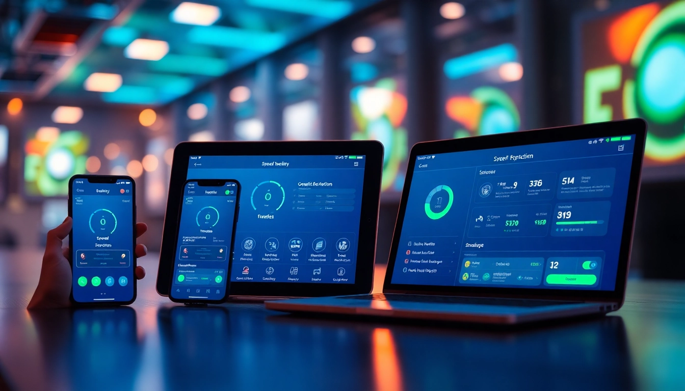 快连下载 app interface displayed on multiple devices, showcasing seamless connectivity.