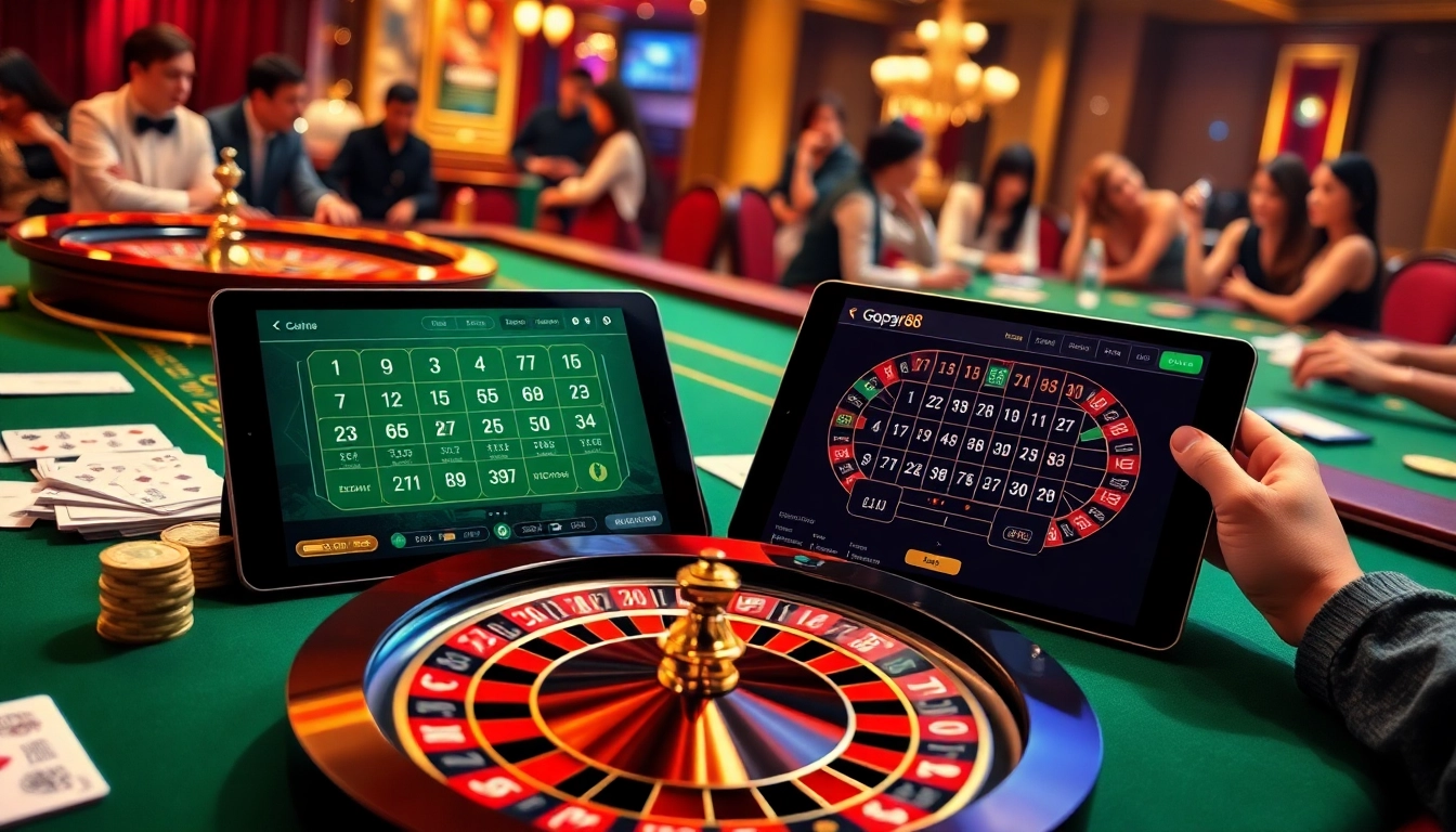 Gopay88 casino scene showcasing vibrant gaming with roulette, cards, and chips, reflecting excitement.