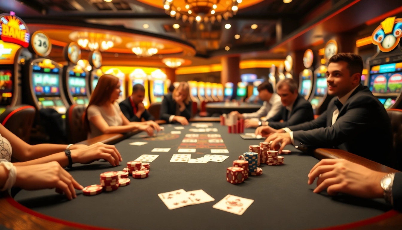 Players engaged at an LC88 poker table, showcasing a vibrant casino atmosphere with excitement.