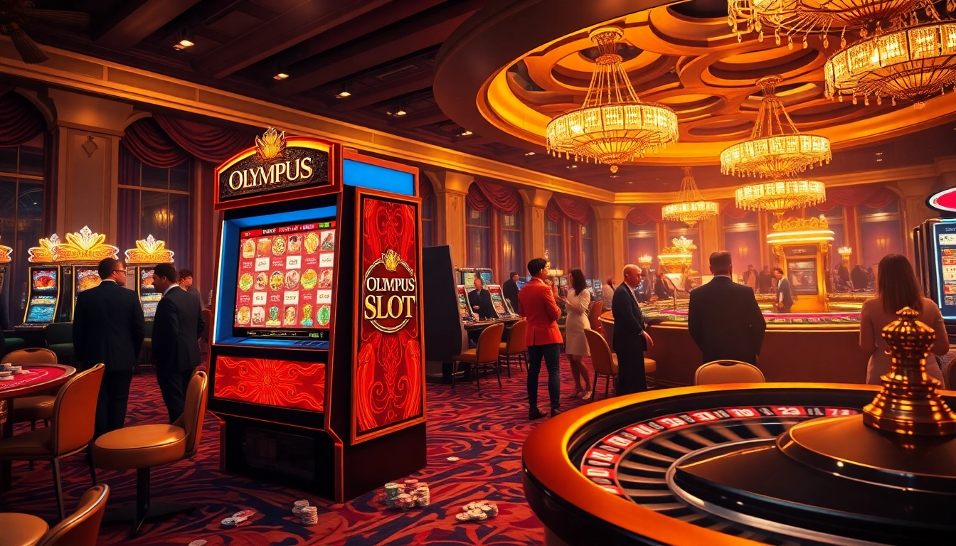 Players enjoying the thrilling Olympus slot experience at a luxury casino gaming floor.