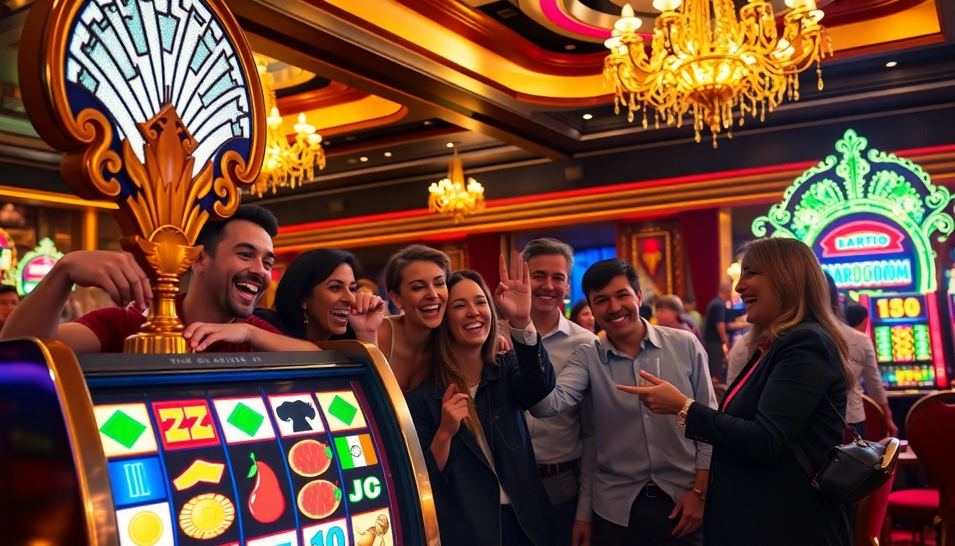 Players celebrating a win at a slot depo 5k machine in a vibrant casino scene.