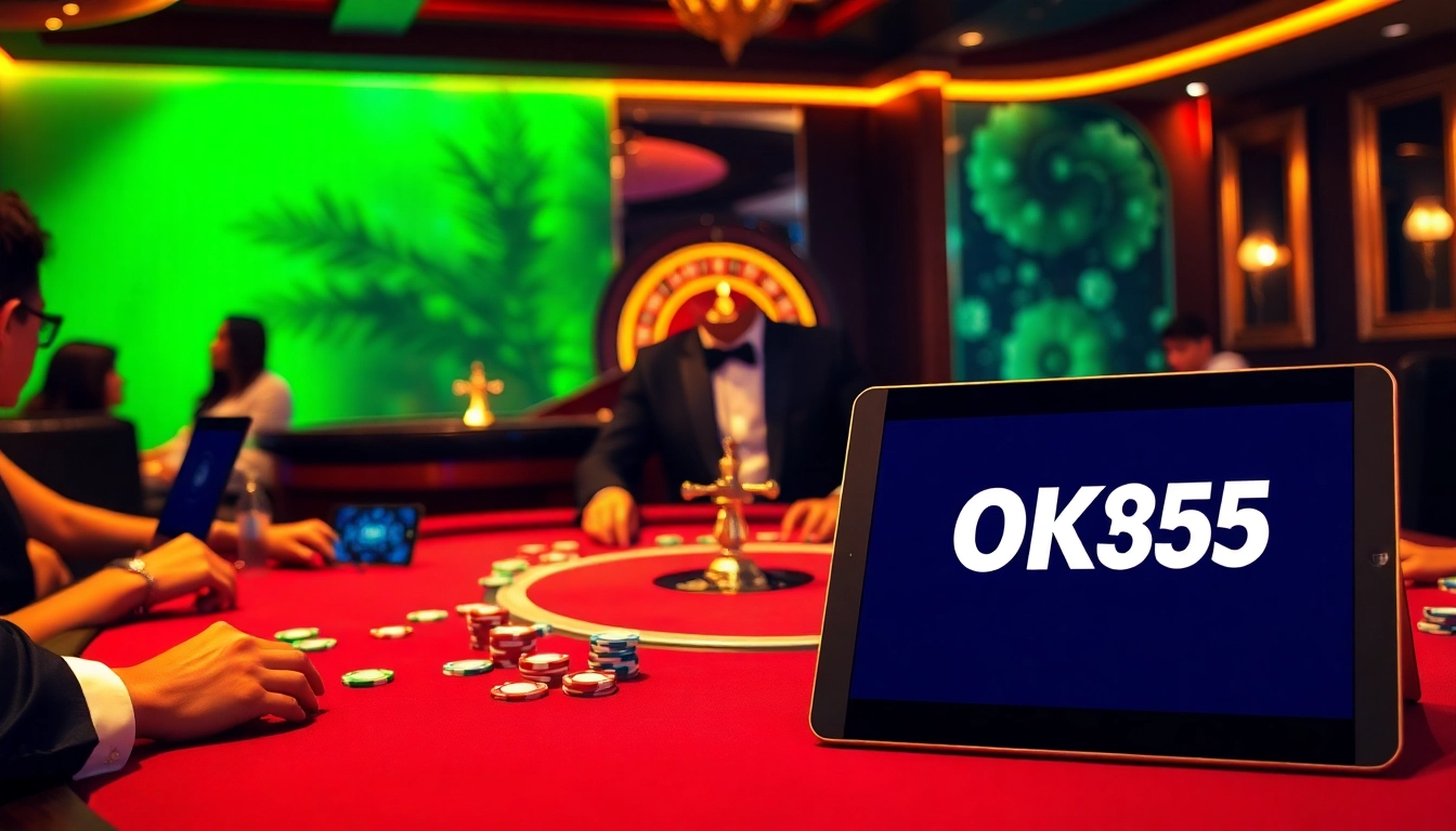 Experience the excitement of OK365 with engaged players at a luxury poker table in a glamorous casino.