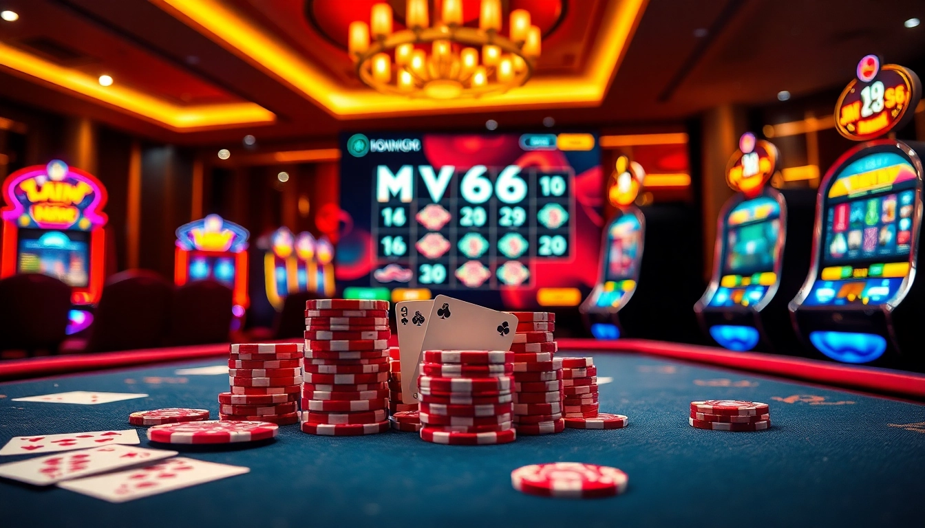 Gambling excitement at Nhà Cái MV66 with vibrant casino tables and slot machines.
