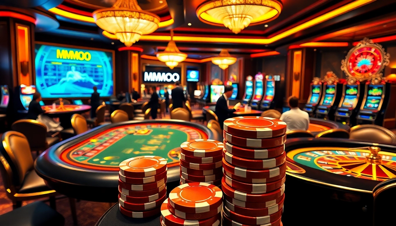 Experience the thrill of casino gaming with MMOO poker chips and vibrant slot machines.