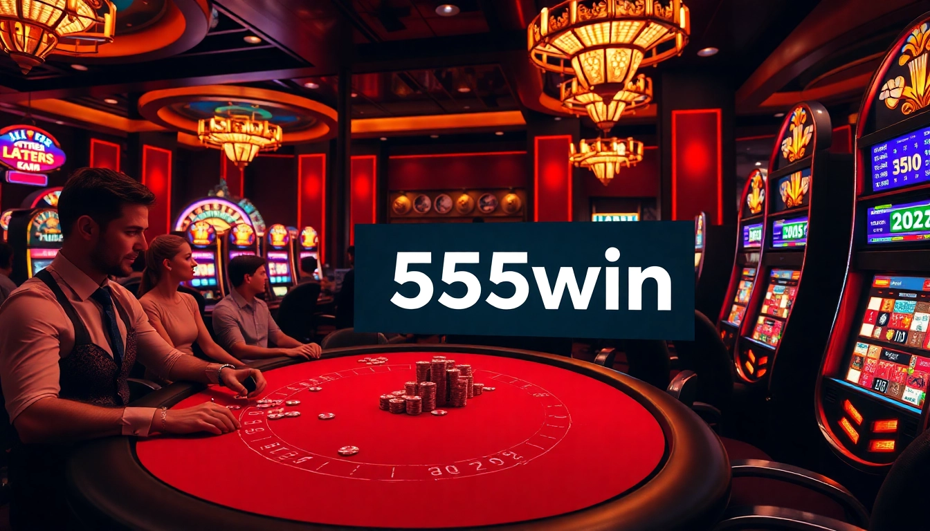 Engaging scene at a luxury casino, showcasing 555win themed slot machines and intense poker action.