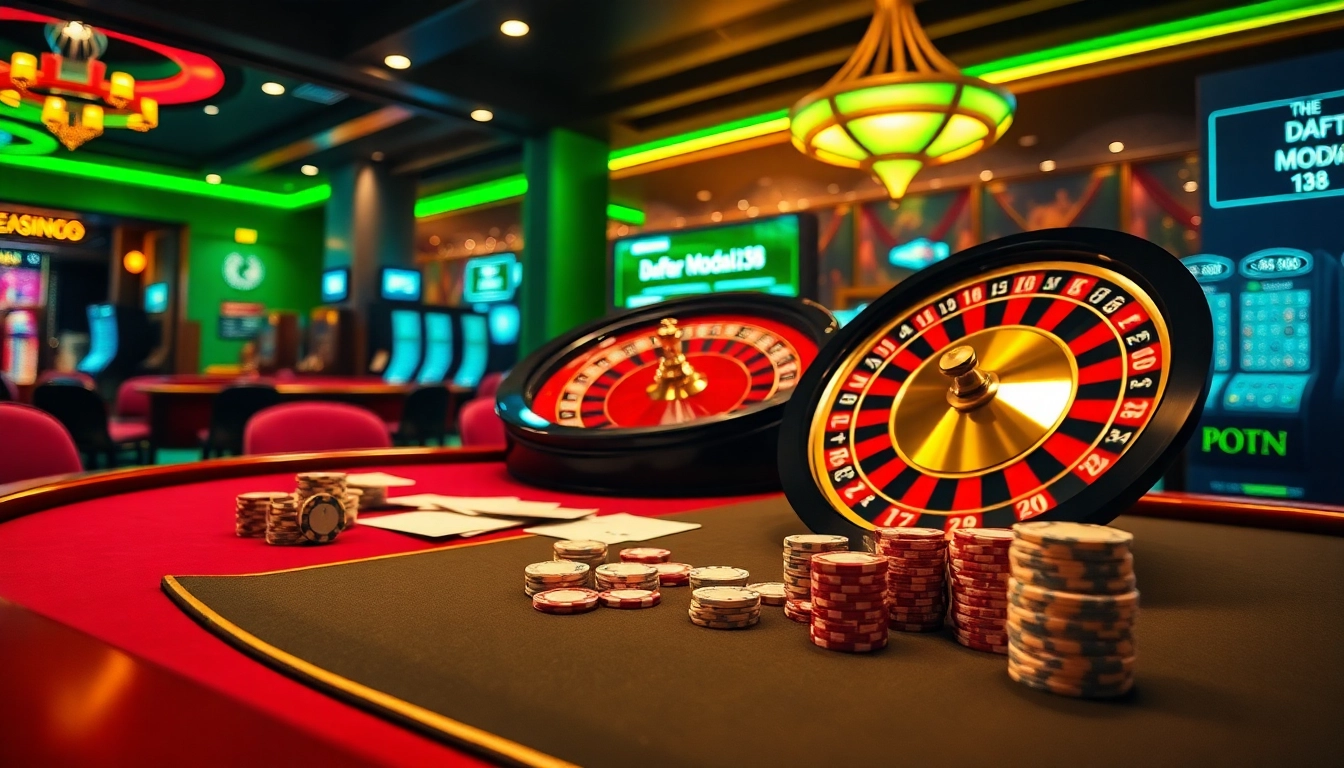 Experience the thrill of Daftar Modal138 at an action-packed casino scene with poker chips and roulette.