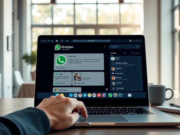 WhatsApp Web 消息界面，展示语音、视频通话，以及用于安全浏览的快连VPN等功能。