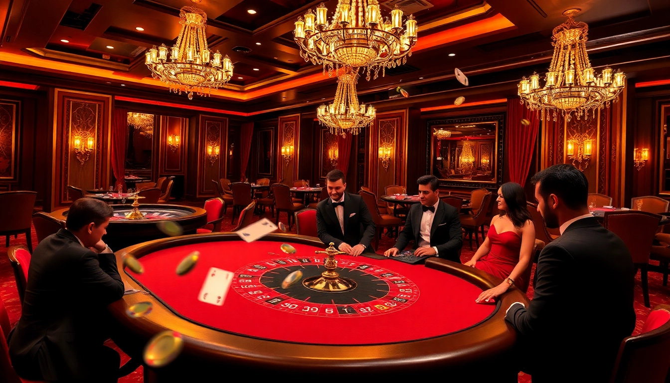 Jogoluck casino scene with vibrant poker game, roulette wheel, and elegant decor.