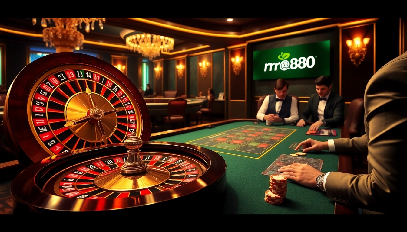 Experience the thrill of rr888 casino games with a colorful roulette wheel and excited players.